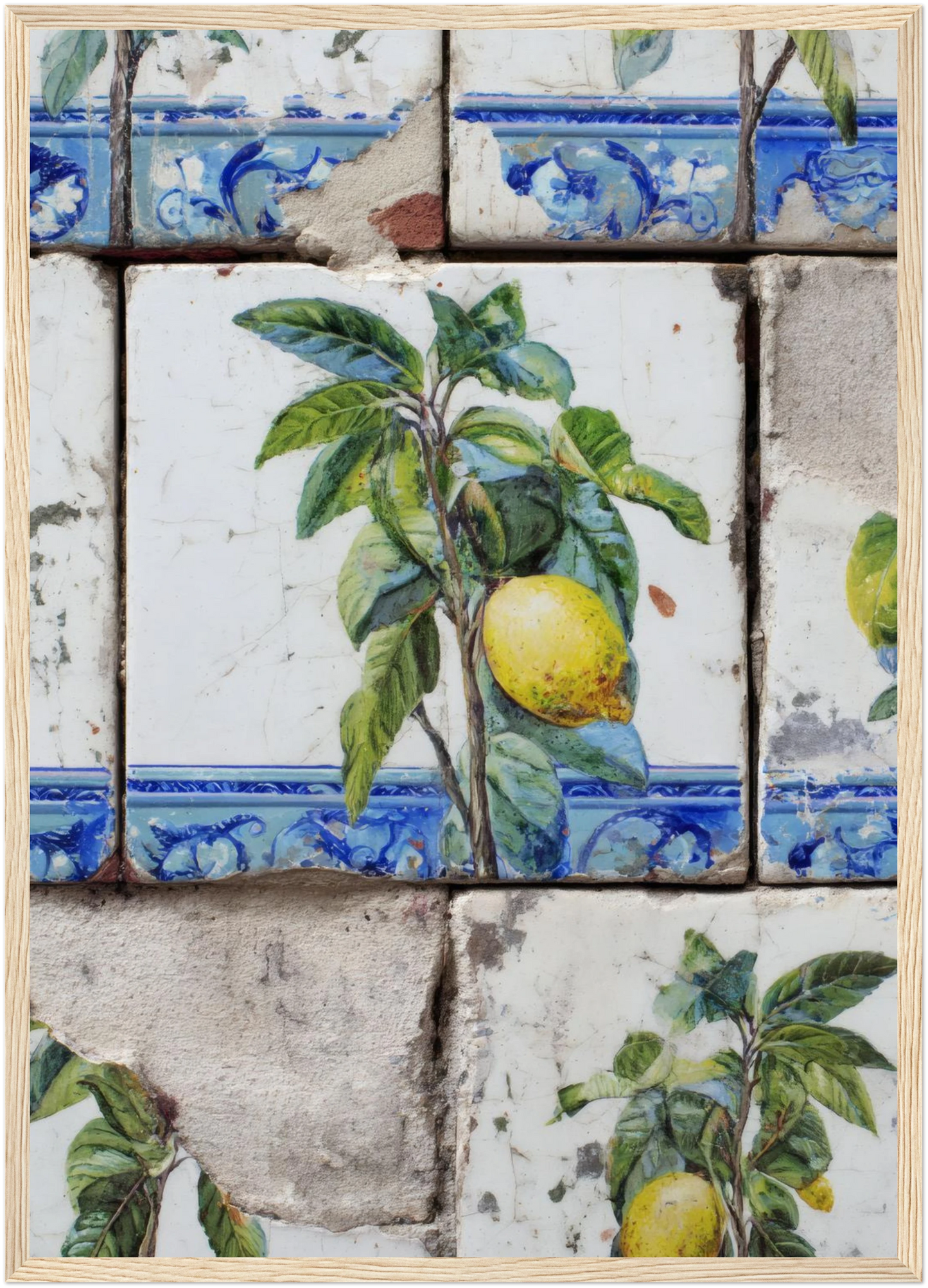 Wooden Framed Realistic Portuguese Lemon Azulejo Print - CITTRA Collective A2 (42 x 59.4  cm) / Wood frame