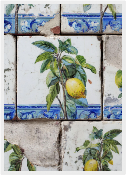 Wooden Framed Realistic Portuguese Lemon Azulejo Print - CITTRA Collective A2 (42 x 59.4  cm) / White frame