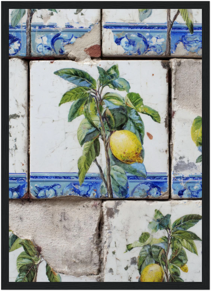 Wooden Framed Realistic Portuguese Lemon Azulejo Print - CITTRA Collective A3 (29.7 x 42  cm) / Black frame