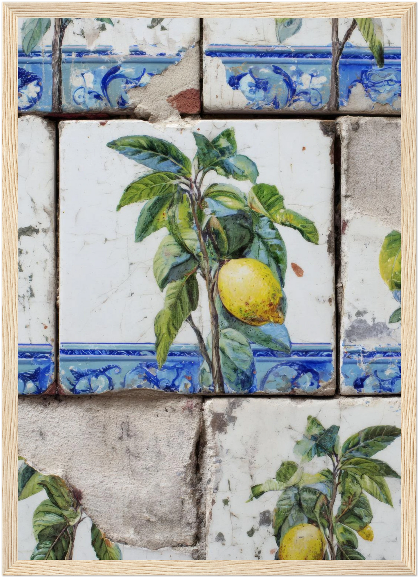 Wooden Framed Realistic Portuguese Lemon Azulejo Print - CITTRA Collective A3 (29.7 x 42  cm) / Wood frame