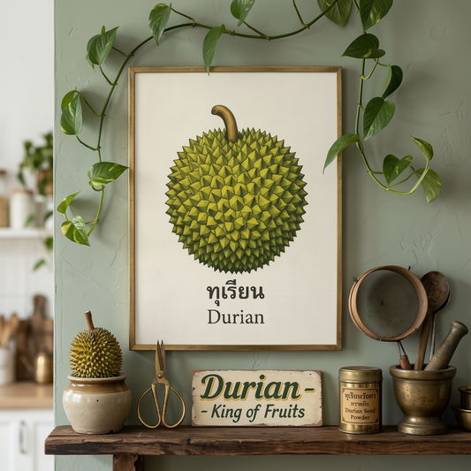 Framed Thai durian wall art displayed on a shelf in a calm kitchen or dining space with trailing green vines and small earthy decor pieces around it. The print shows a green spiky durian fruit with a curved brown stem, Thai script and the English word “Durian” on a cream background. A clean botanical fruit print for Thai kitchen decor, tropical food wall art and minimalist cultural interiors.