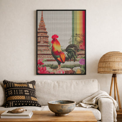 Framed Thai rooster wall art displayed above a sofa in a warm, textured living room. The artwork shows a vibrant rooster, temple architecture inspired by Wat Arun, clear canvas texture and a vertical multicolour rainbow stripe, complemented by woven baskets, plants and wooden furniture as statement cultural decor.