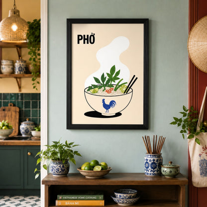 Framed Vietnamese pho poster displayed in a colourful kitchen interior with shelves, plants, ceramics and fresh produce. The cream food print shows a steaming noodle bowl with herbs, lime, chilli and chopsticks.
