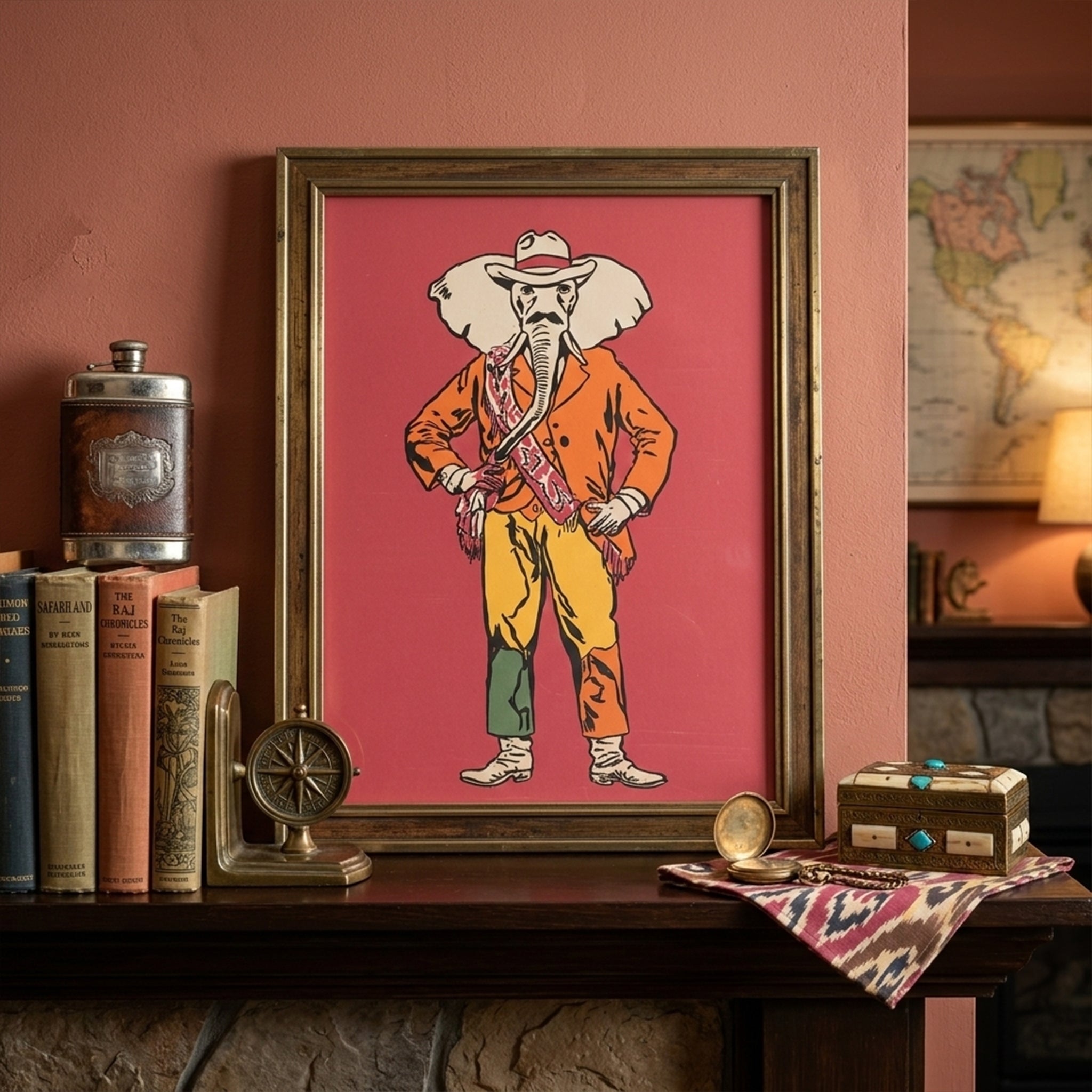 Framed vintage illustration of an elephant dressed as a cowboy on a pink background, displayed on a mantelpiece with books, ornaments and travel decor.