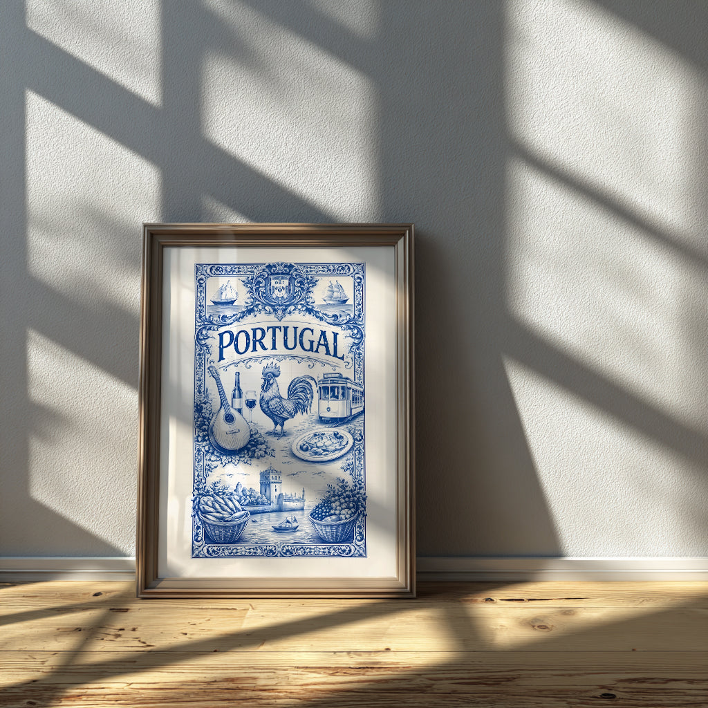 Glass framed Portuguese tile art poster leaning against a wall on a wooden floor, showing a blue azulejo illustration inspired by Portuguese culture, travel art, and traditional tile symbolism. The framed portugal azulejo poster is styled with natural light and soft shadows.