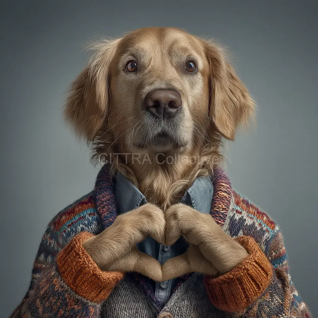 Hyper-realistic golden retriever making heart shape in knitted jumper - Midjourney AI art prompt example