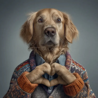 Hyper-realistic golden retriever making heart shape in knitted jumper - Midjourney AI art prompt example