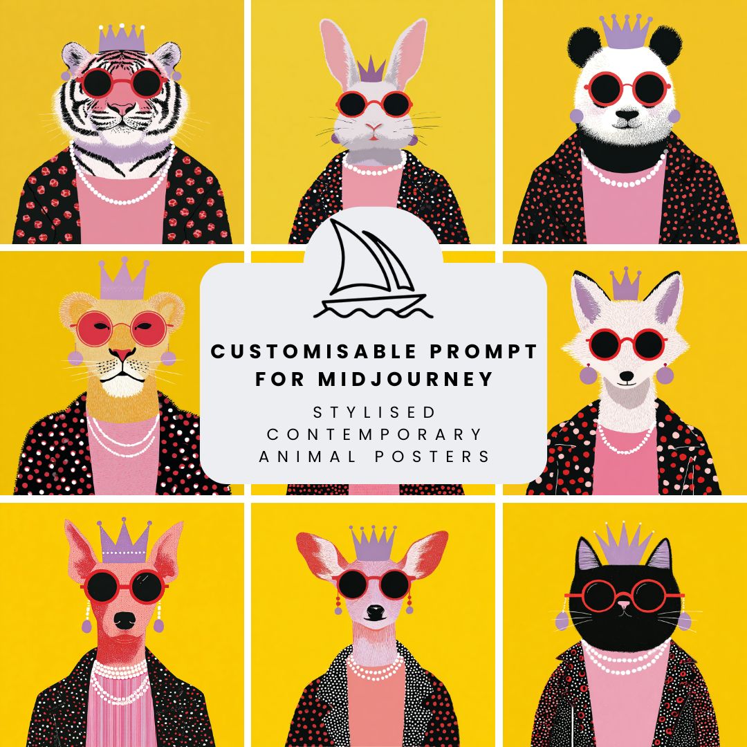 Collage showing a series of flat graphic anthropomorphic animal portraits with sunglasses and crowns on yellow backgrounds