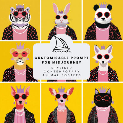 Collage showing a series of flat graphic anthropomorphic animal portraits with sunglasses and crowns on yellow backgrounds