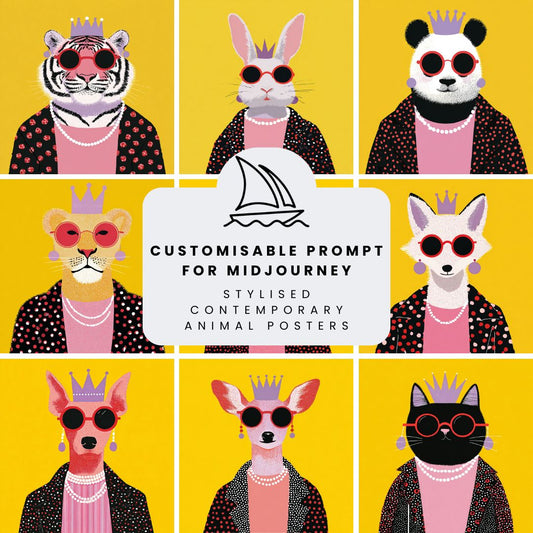 Collage showing a series of flat graphic anthropomorphic animal portraits with sunglasses and crowns on yellow backgrounds