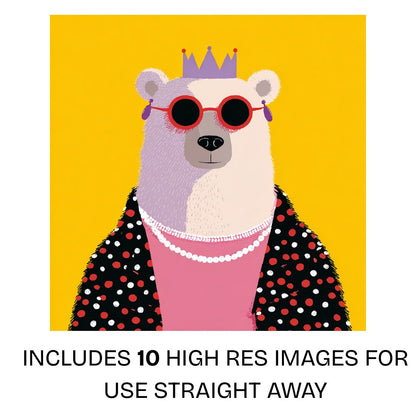 Flat graphic illustration of an anthropomorphic bear wearing sunglasses and a crown against a solid yellow background