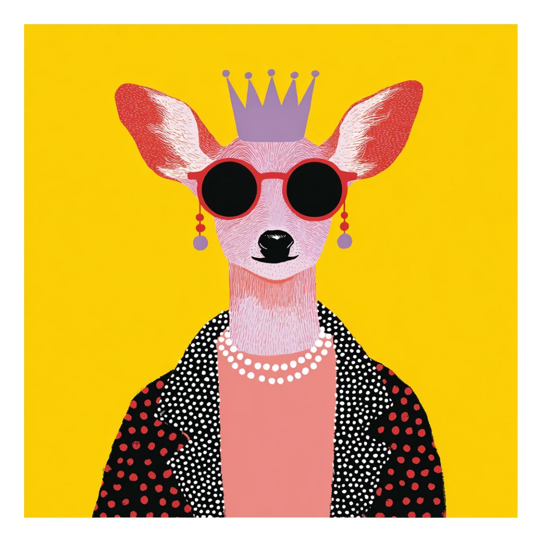 Flat graphic illustration of an anthropomorphic chihuahua wearing sunglasses and a crown against a yellow background