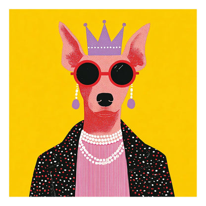 Flat graphic illustration of an anthropomorphic dog wearing sunglasses and a crown on a solid yellow background