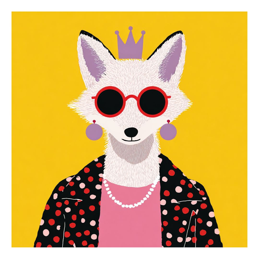 Flat graphic illustration of an anthropomorphic fox wearing sunglasses and a crown against a yellow background