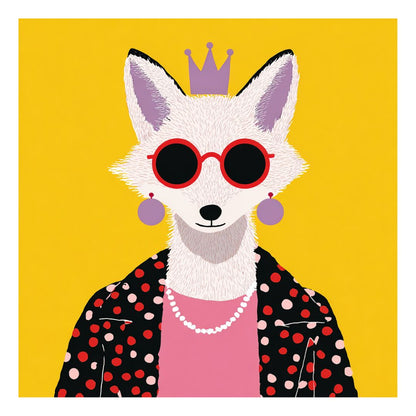 Flat graphic illustration of an anthropomorphic fox wearing sunglasses and a crown against a yellow background