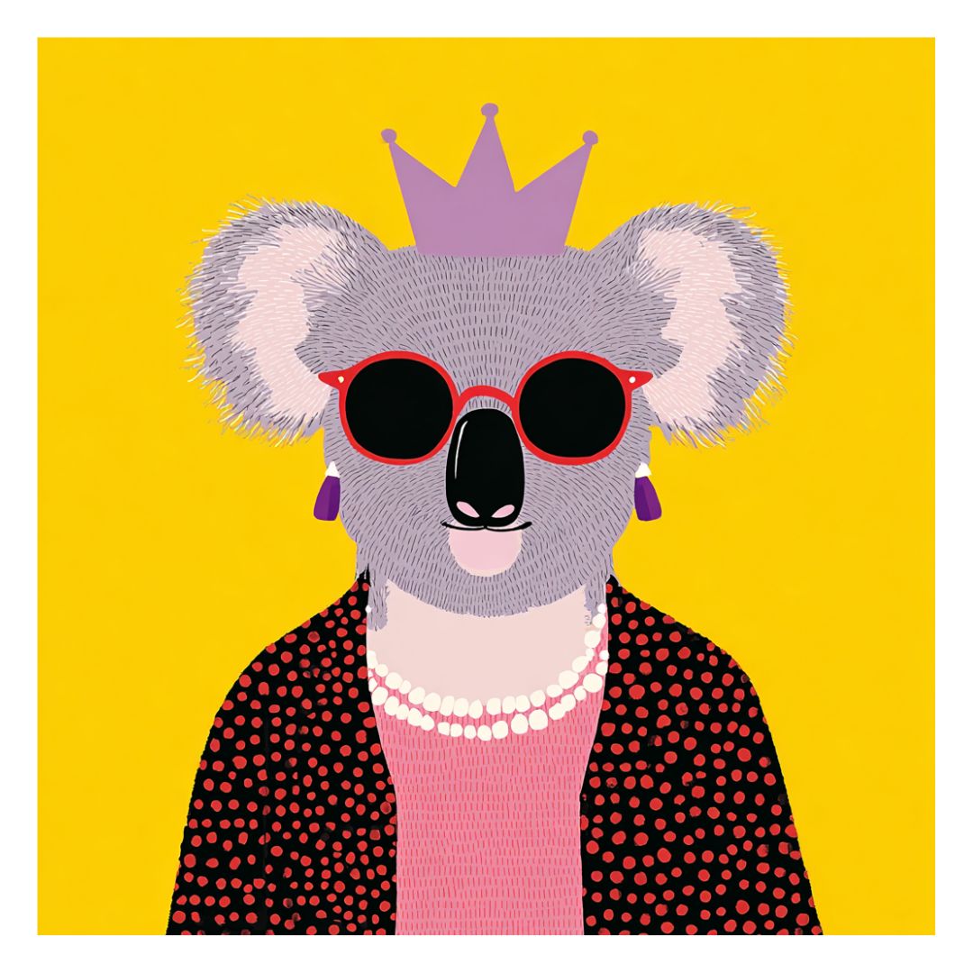 Flat graphic illustration of an anthropomorphic koala wearing sunglasses and a crown on a solid yellow background