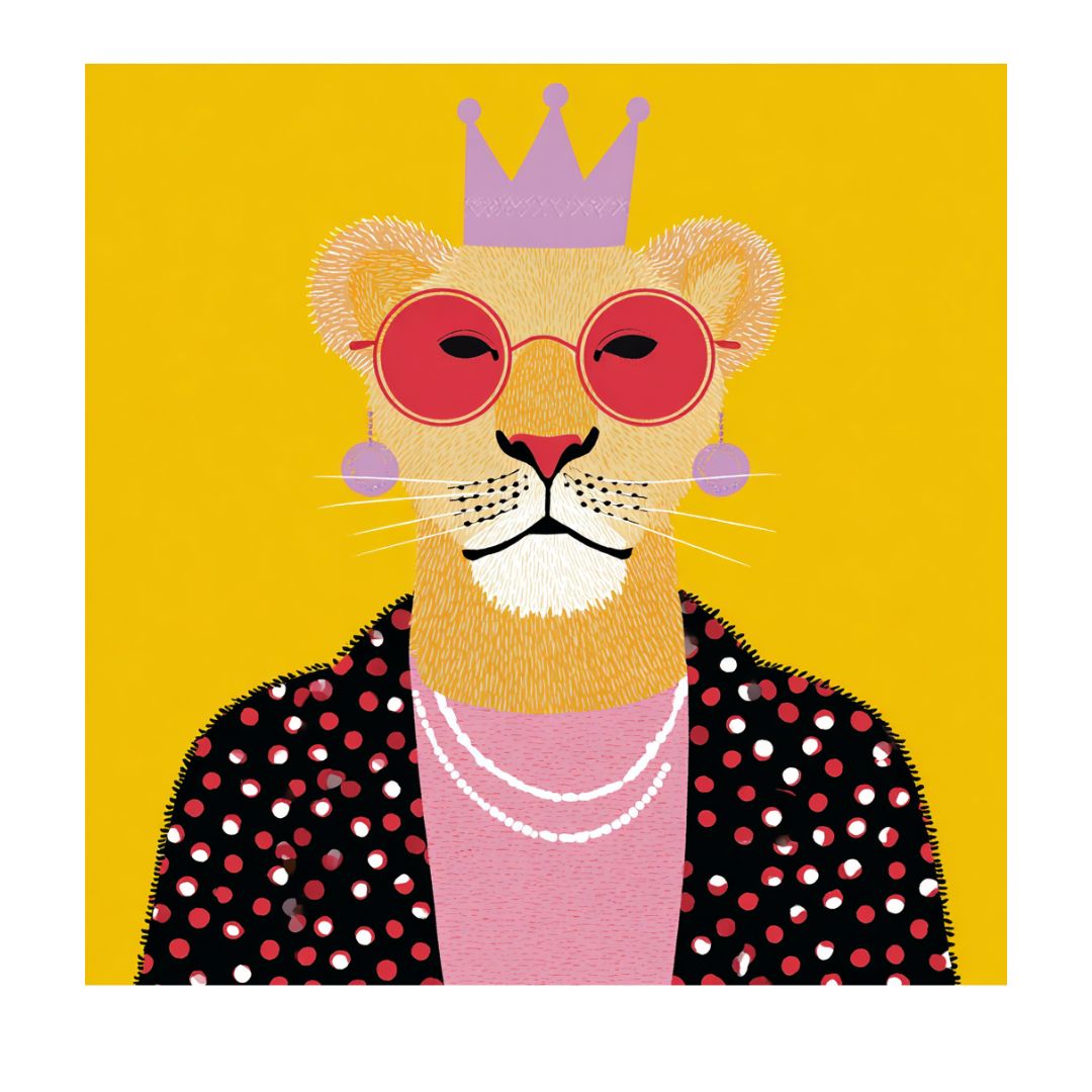 Flat graphic illustration of an anthropomorphic lion wearing sunglasses and a crown against a bright yellow background
