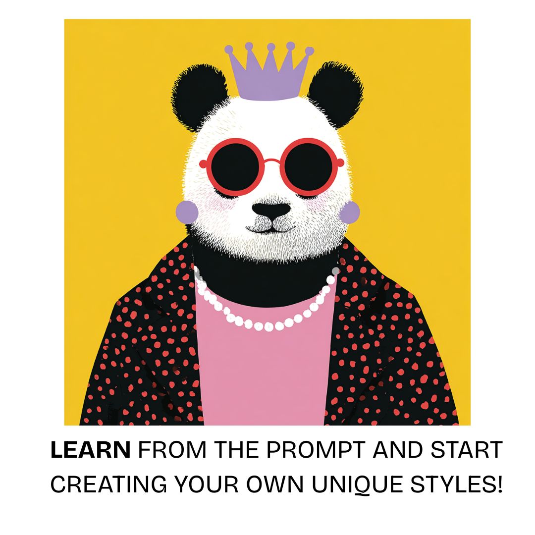 Flat graphic illustration of an anthropomorphic panda wearing sunglasses and a crown on a solid yellow background