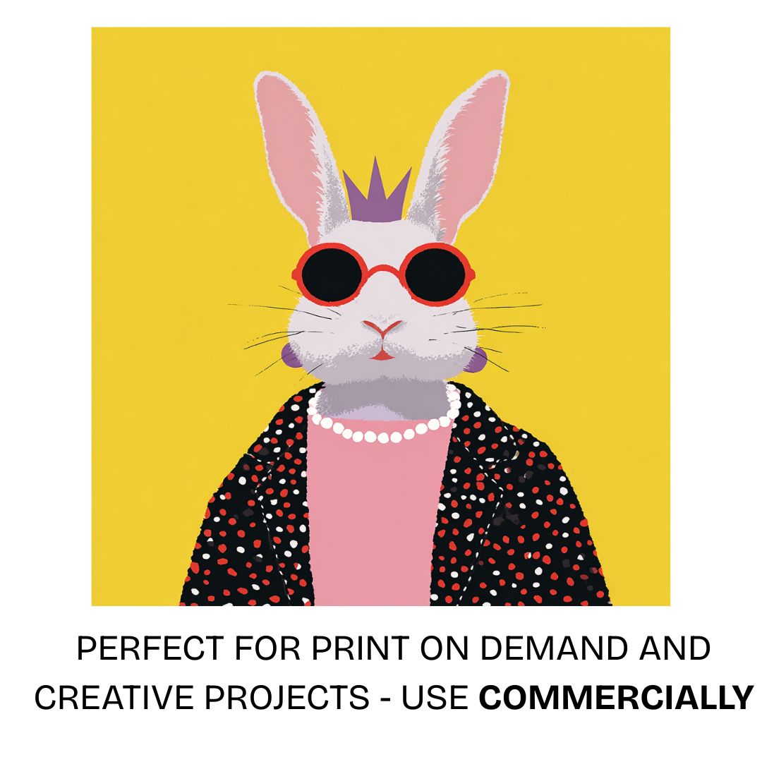 Flat graphic illustration of an anthropomorphic rabbit wearing sunglasses and a crown against a yellow background
