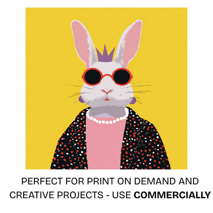 Flat graphic illustration of an anthropomorphic rabbit wearing sunglasses and a crown against a yellow background