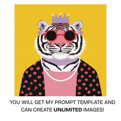 Flat graphic illustration of an anthropomorphic tiger wearing sunglasses and a crown on a solid yellow background