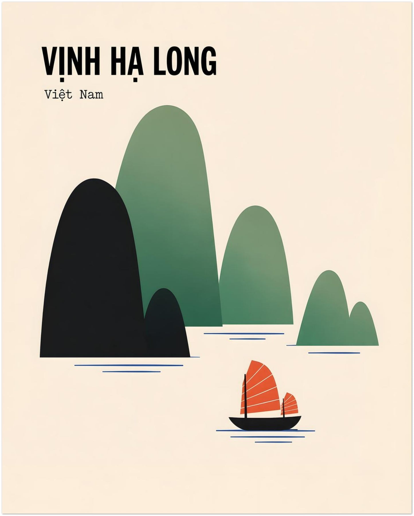 Unframed 16 x 20 inch Vietnam poster inspired by Ha Long Bay, with large dark karst islands, softer green rock formations and a small red-orange sailing boat. Set on a warm off-white background with Vinh Ha Long text, the balanced composition works as minimalist travel wall art for modern, Japandi or mid-century interiors.