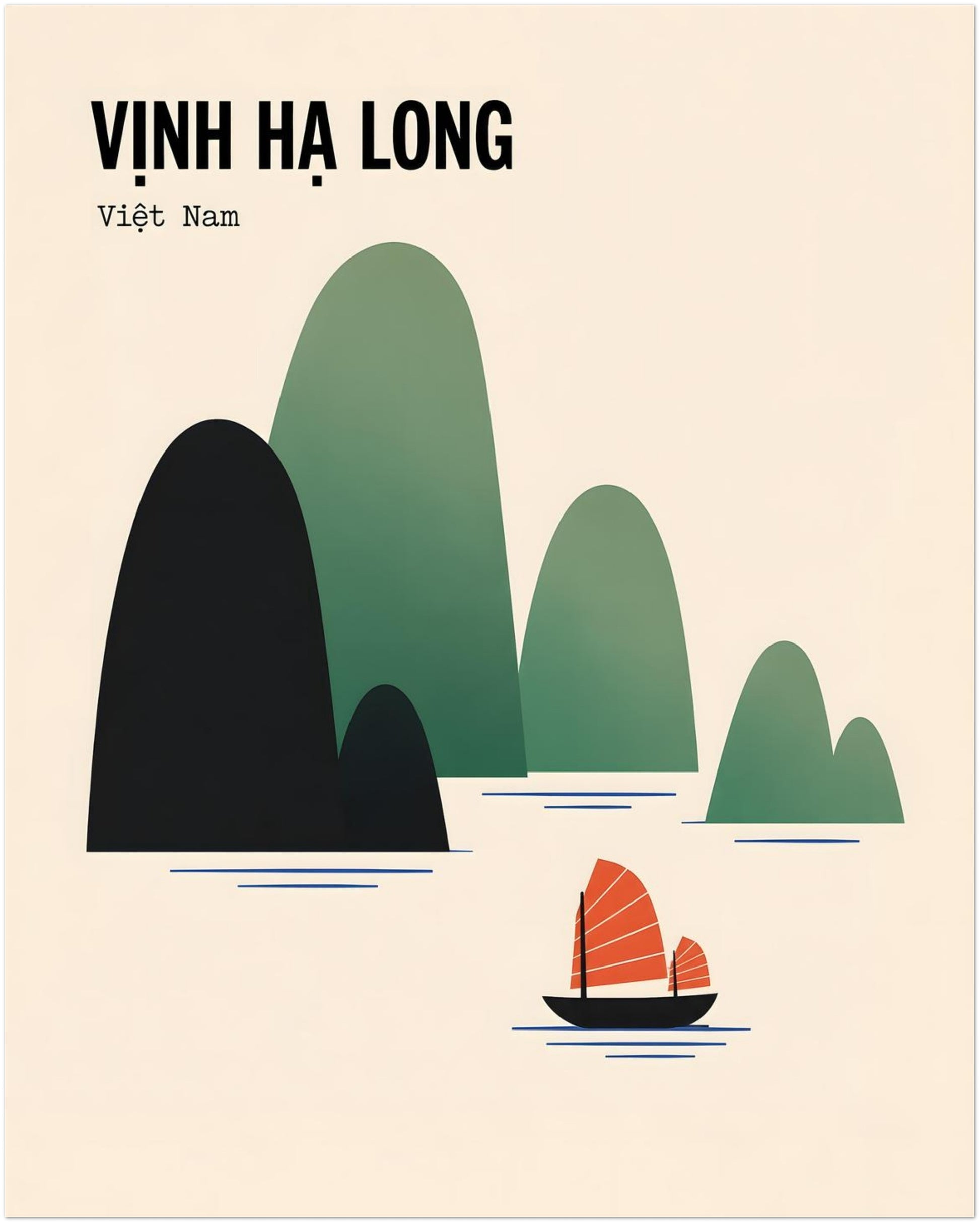 Unframed 8 x 10 inch Ha Long Bay travel poster showing layered black and green limestone karsts rising from calm blue water, with a small red-sailed Vietnamese junk boat in the foreground. The cream background, simple shapes and Vinh Ha Long text create clean retro Vietnam wall art for a gallery wall, office or travel-inspired room.