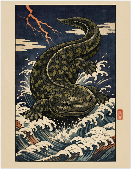 11x14 inch unframed Hanzaki Japanese folklore poster depicting the mythological salamander yokai emerging from turbulent river waves beneath lightning. The ukiyo-e woodblock digital artwork reflects Edo-era print traditions with bold outlines and stylised water patterns, making it a balanced mid-size Japanese myth creature wall art print.