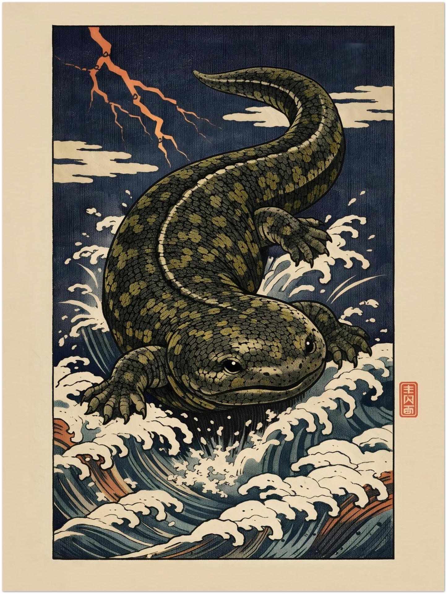 12x16 inch unframed Hanzaki Japanese myth poster featuring a giant salamander yokai in storm-driven waves under a lightning sky. Inspired by traditional Japanese woodblock and ukiyo-e techniques, this folklore wall decor print emphasises dramatic movement, symbolic river imagery and bold navy and cream colour contrast.