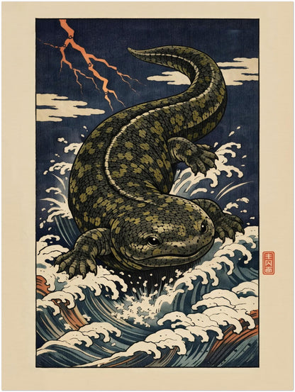18x24 inch unframed Hanzaki Japanese mythology poster showcasing the powerful salamander yokai rising through crashing ocean waves. The ukiyo-e style woodblock artwork captures storm energy, lightning and layered wave patterns, creating a large-format Japanese folklore wall art statement suitable for modern cultural interiors.