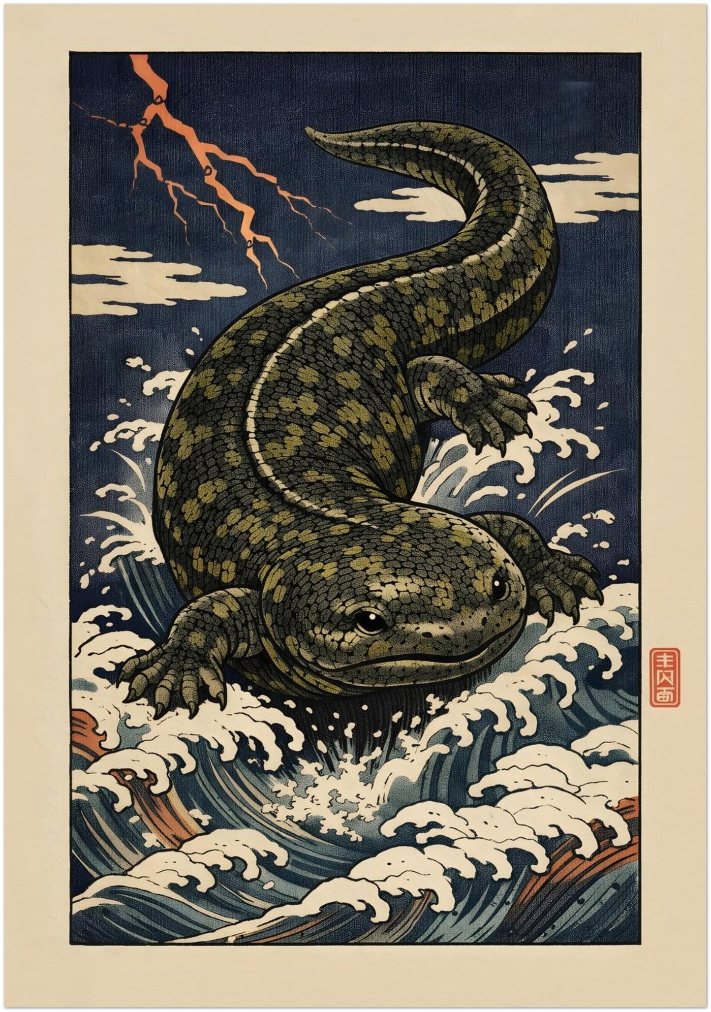 28x40 inch oversized unframed Hanzaki Japanese folklore poster featuring the myth creature salamander emerging from powerful waves beneath lightning. The large-scale ukiyo-e woodblock digital design enhances detail, contrast and movement, making it a striking Japanese myth wall art centrepiece for spacious interiors.