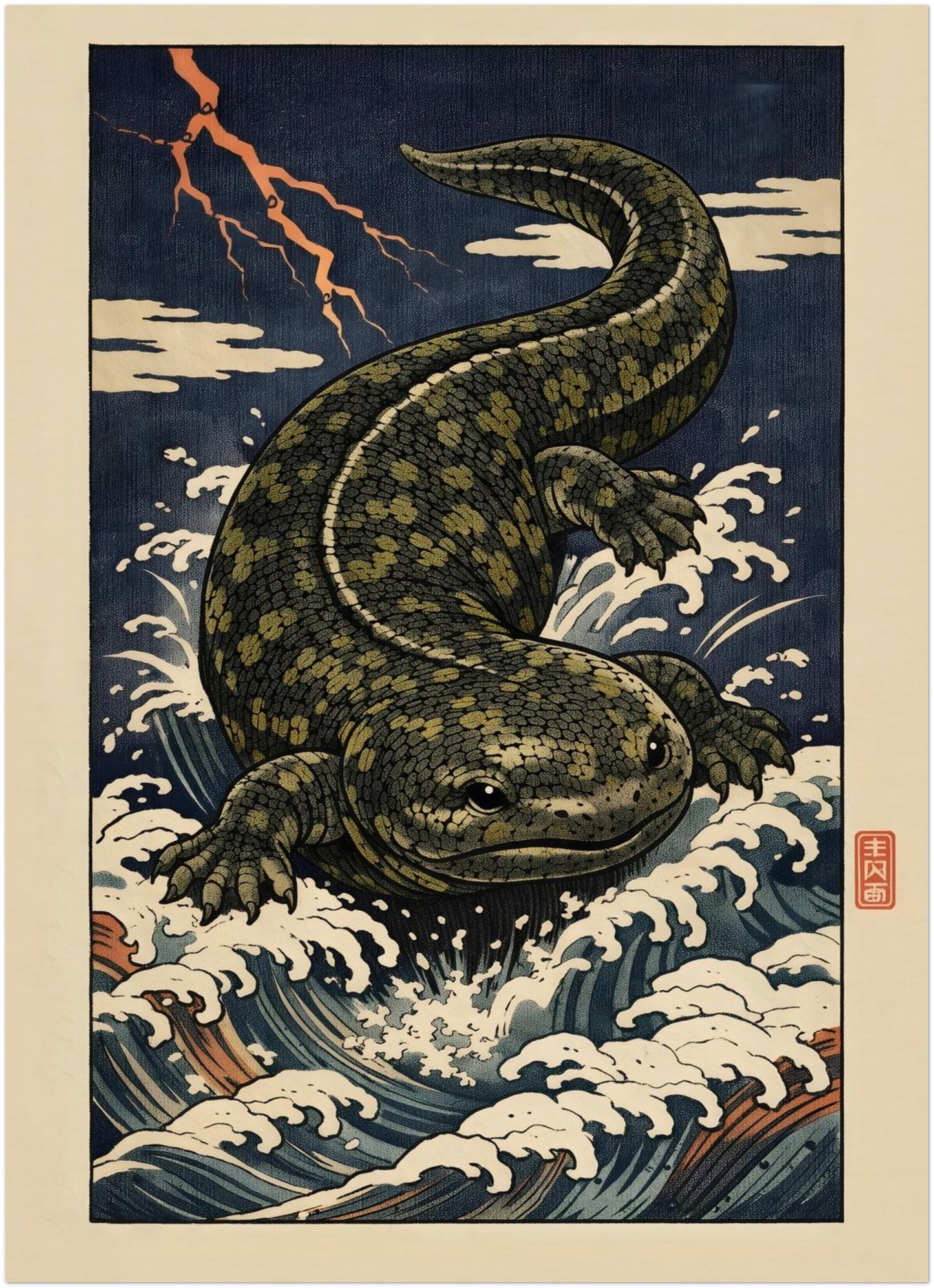 5x7 inch unframed Hanzaki Japanese mythology poster featuring a giant salamander yokai emerging from stylised storm waves beneath lightning. Rendered in traditional ukiyo-e woodblock style, this compact Japanese folklore art print highlights bold navy tones, graphic wave patterns and Edo-inspired composition in a small format wall art size.