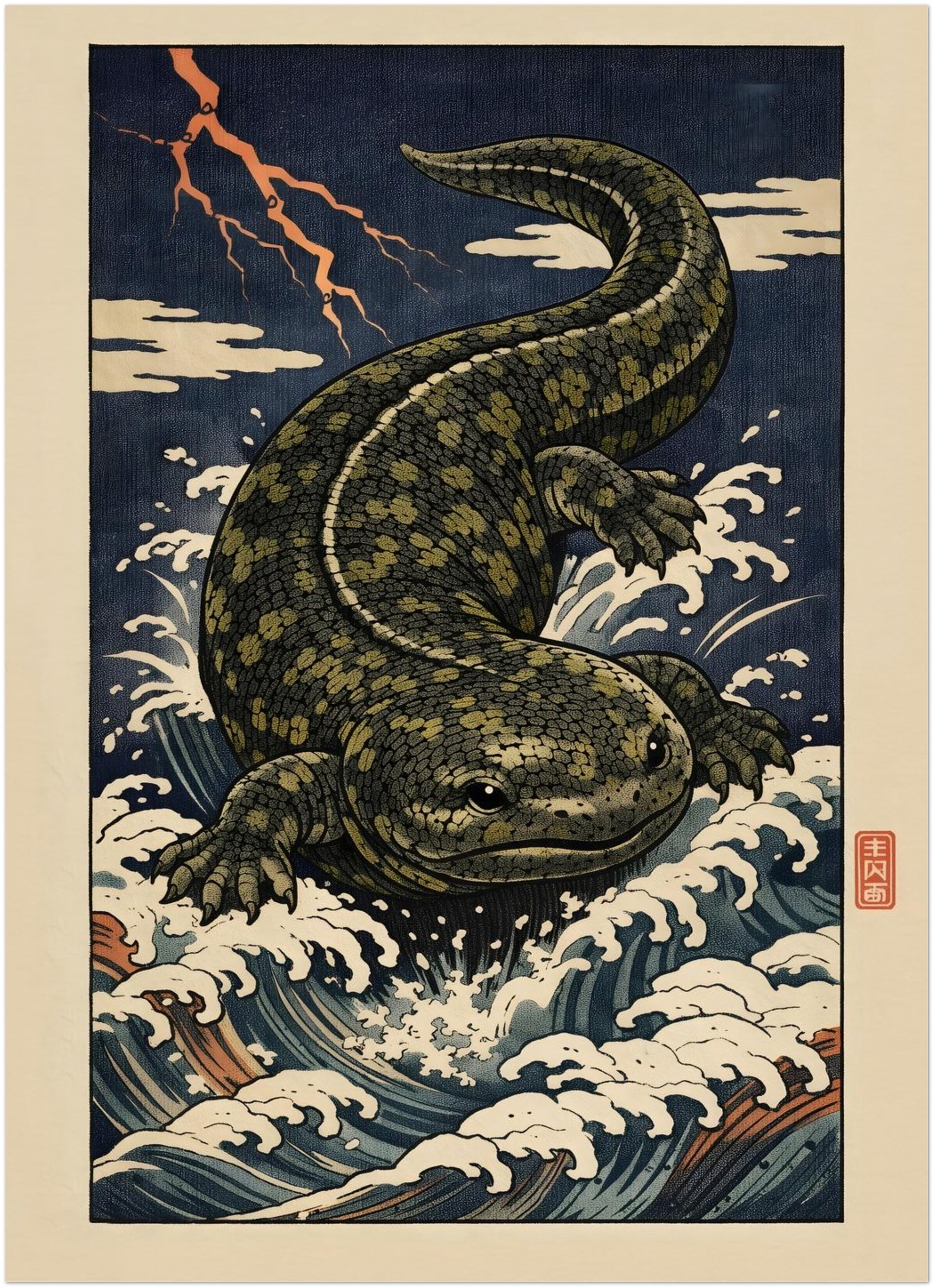 5x7 inch unframed Hanzaki Japanese mythology poster featuring a giant salamander yokai emerging from stylised storm waves beneath lightning. Rendered in traditional ukiyo-e woodblock style, this compact Japanese folklore art print highlights bold navy tones, graphic wave patterns and Edo-inspired composition in a small format wall art size.