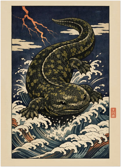5x7 inch unframed Hanzaki Japanese mythology poster featuring a giant salamander yokai emerging from stylised storm waves beneath lightning. Rendered in traditional ukiyo-e woodblock style, this compact Japanese folklore art print highlights bold navy tones, graphic wave patterns and Edo-inspired composition in a small format wall art size.