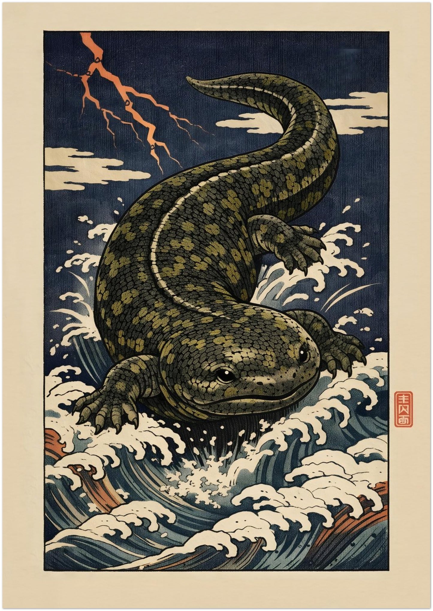 A1 unframed Hanzaki Japanese yokai poster featuring the legendary salamander rising through stylised waves beneath lightning. The ukiyo-e inspired woodblock artwork blends mythological storytelling with structured Edo-era design elements, creating a large Japanese folklore art print suited for modern statement wall decor.