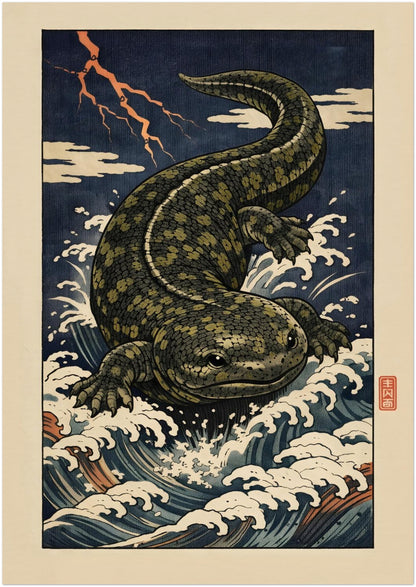 A1 unframed Hanzaki Japanese yokai poster featuring the legendary salamander rising through stylised waves beneath lightning. The ukiyo-e inspired woodblock artwork blends mythological storytelling with structured Edo-era design elements, creating a large Japanese folklore art print suited for modern statement wall decor.