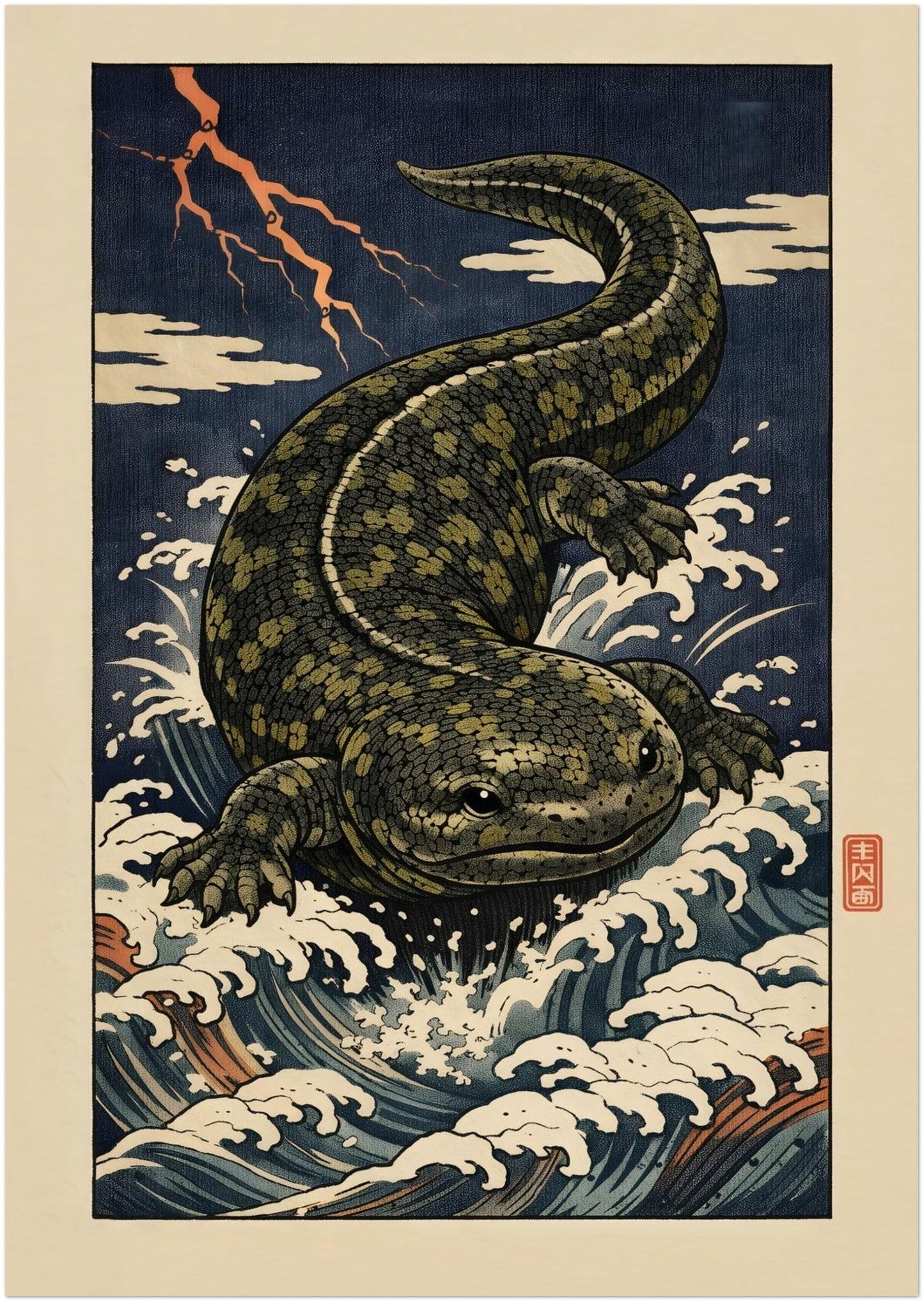 A2 unframed Hanzaki Japanese myth creature poster showcasing the giant salamander yokai in a stormy river scene. This Japanese woodblock style ukiyo-e artwork highlights bold outlines, layered blue wave patterns and lightning detail, offering balanced folklore wall art for contemporary interior styling.