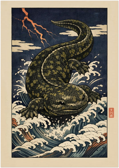 A3 unframed Hanzaki Japanese mythology poster depicting the powerful salamander yokai emerging from crashing waves. The ukiyo-e woodblock inspired design reflects traditional Japanese folklore storytelling with graphic composition, deep navy tones and symbolic storm imagery, ideal as a mid-size cultural wall art print.