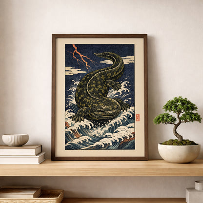 Hanzaki Japanese myth poster in a natural wood frame resting on a shelf beside a bonsai plant. The ukiyo-e inspired giant salamander rises through stylised storm waves, reflecting traditional Japanese folklore art. Cultural wall decor styled with organic elements to blend heritage printmaking with contemporary interior design.