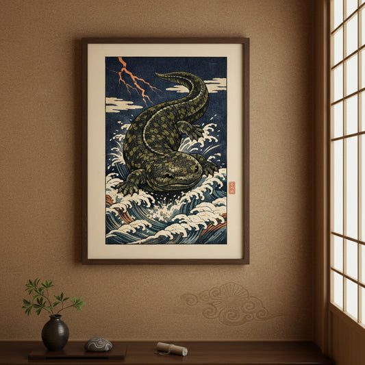 Framed Hanzaki Japanese folklore poster displayed in a minimalist interior with warm neutral walls. The ukiyo-e woodblock style artwork shows a mythological giant salamander emerging from crashing river waves beneath lightning. Japanese yokai wall decor presented as a bold cultural statement piece for modern living spaces.