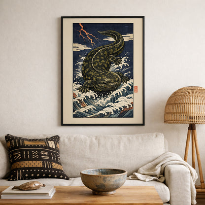 Hanzaki Japanese mythology poster framed and hung above a sofa in a contemporary living room. The ukiyo-e style giant salamander emerges from crashing waves in a storm scene, creating strong visual impact. Japanese folklore wall art designed as a cultural focal point within clean, modern interiors.