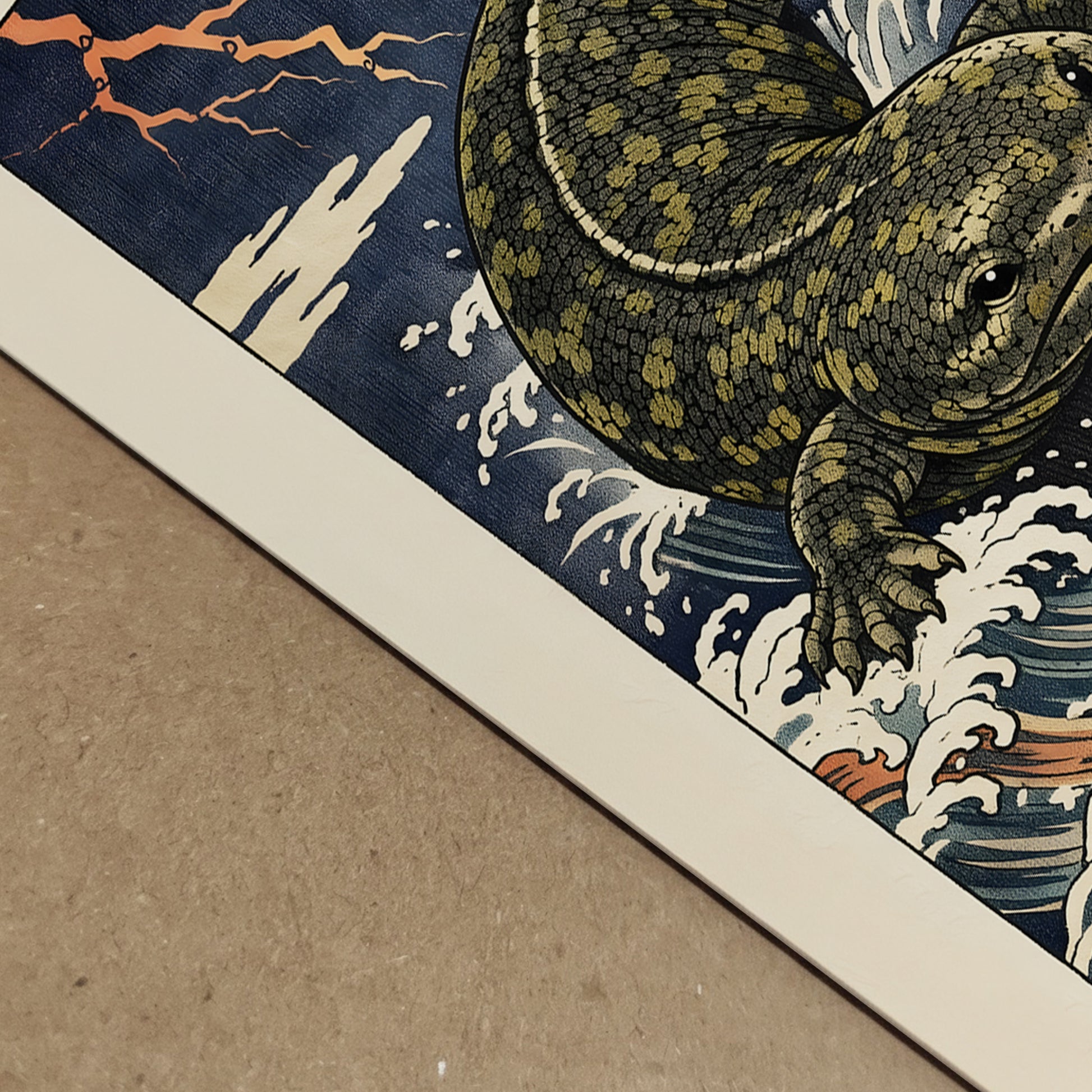 Close-up detail of the Hanzaki Japanese woodblock style print showing paper texture, crisp edges and layered ink tones. The giant salamander yokai and stylised storm waves demonstrate fine linework and colour depth. A Japanese folklore art print highlighting quality finish and traditional ukiyo-e inspired craftsmanship.