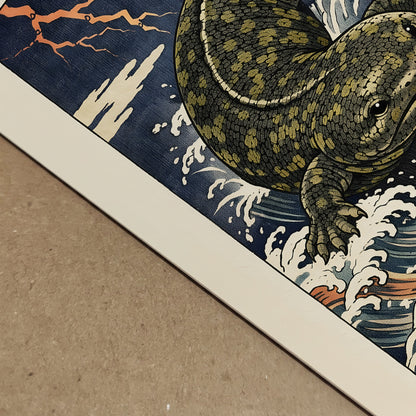 Close-up detail of the Hanzaki Japanese woodblock style print showing paper texture, crisp edges and layered ink tones. The giant salamander yokai and stylised storm waves demonstrate fine linework and colour depth. A Japanese folklore art print highlighting quality finish and traditional ukiyo-e inspired craftsmanship.