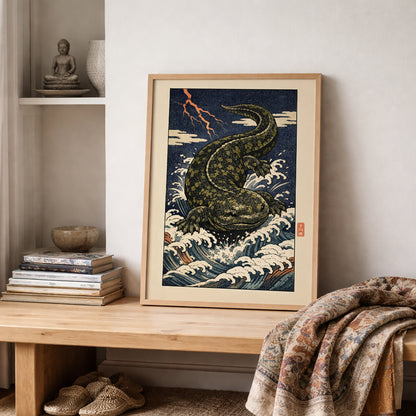 Framed Japanese yokai wall art placed on a wooden shelf with folded textiles and neutral decor accents. The Hanzaki giant salamander is depicted in dramatic waves under lightning, rendered in Edo-style woodblock tradition. A mythological river spirit poster combining Japanese folklore symbolism with modern home styling.