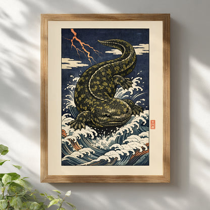 Hanzaki Japanese yokai poster displayed in a light wooden frame against a white wall with soft natural shadows. The ukiyo-e woodblock digital artwork features a mythological giant salamander rising through turbulent river waves beneath lightning. Japanese folklore wall decor combining traditional Edo-era composition with modern presentation.