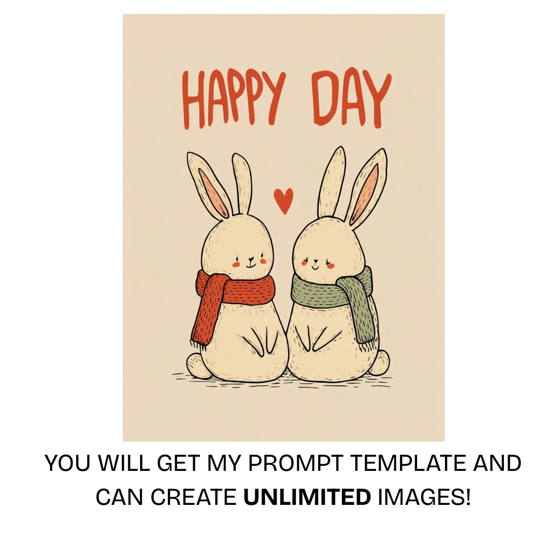 Cute rabbit couple sitting together with happy day text in a soft storybook style