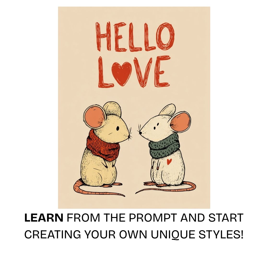 Sweet animal couple illustration with hello love text in a cosy valentines style