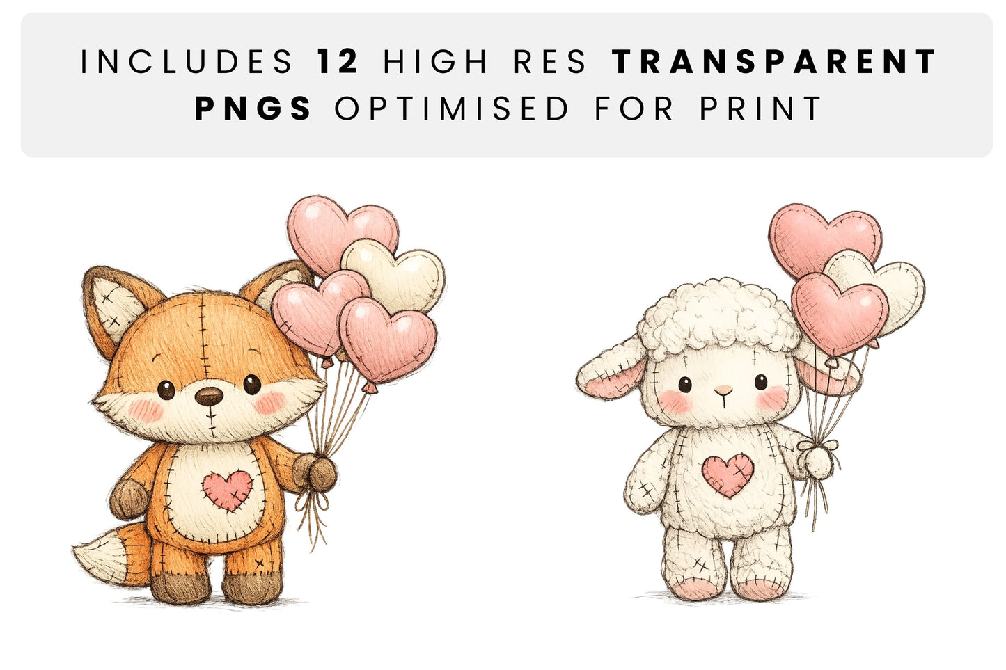 Close-up examples of two high-resolution transparent characters: a stitched plush fox with a bushy tail and a round-faced bunny, both holding bundles of pastel heart balloons with visible pencil texture and fabric stitching details