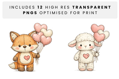 Close-up examples of two high-resolution transparent characters: a stitched plush fox with a bushy tail and a round-faced bunny, both holding bundles of pastel heart balloons with visible pencil texture and fabric stitching details