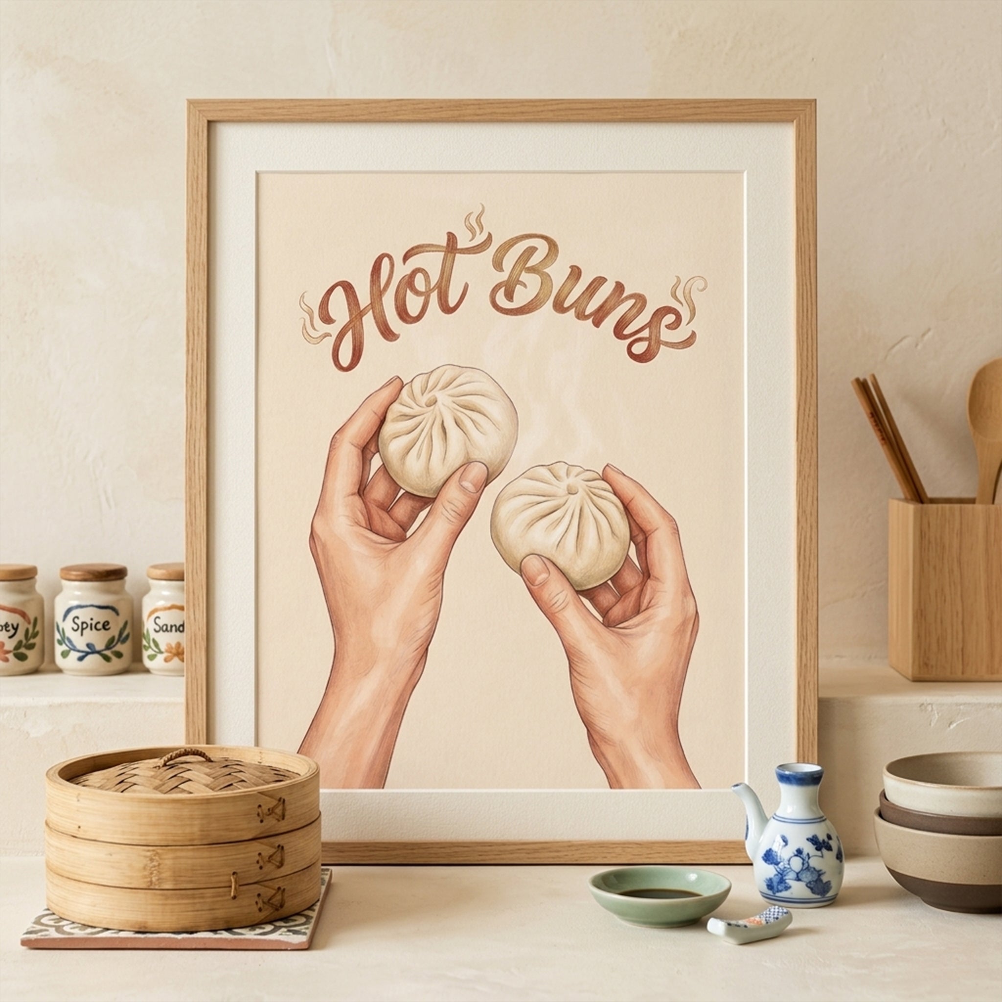 Hot Buns kitchen wall art styled in a light wood frame on a mantle or shelf in a warm kitchen setting. The print shows two hands holding bao buns with curved brown text on a beige background, surrounded by simple decor and ceramics. The scene shows how the artwork works as modern kitchen wall decor, asian food wall art, and a relaxed food print for breakfast corners or dining areas.